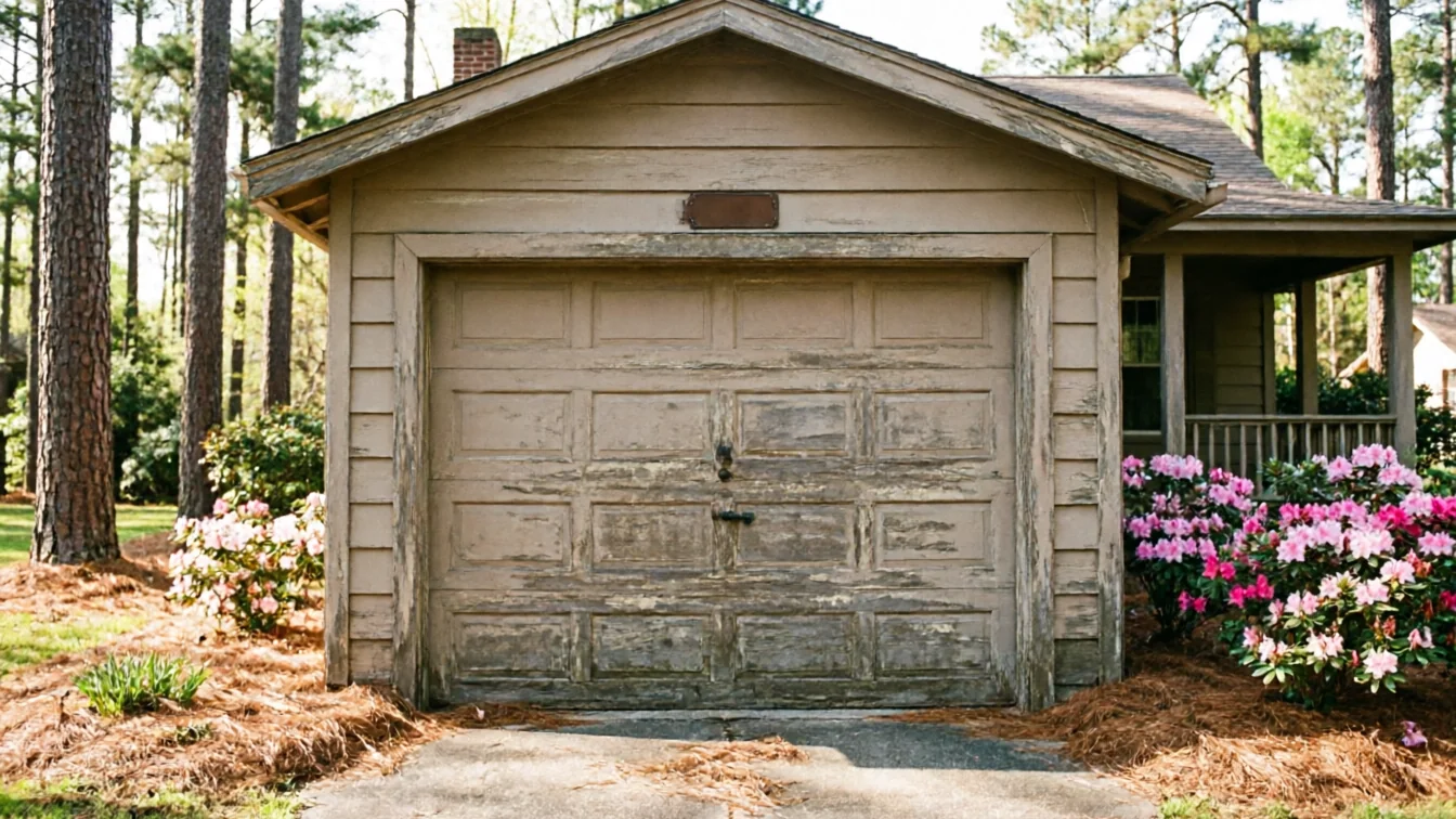 A weathered garage door with peeling paint on a house surrounded by trees and flowers.