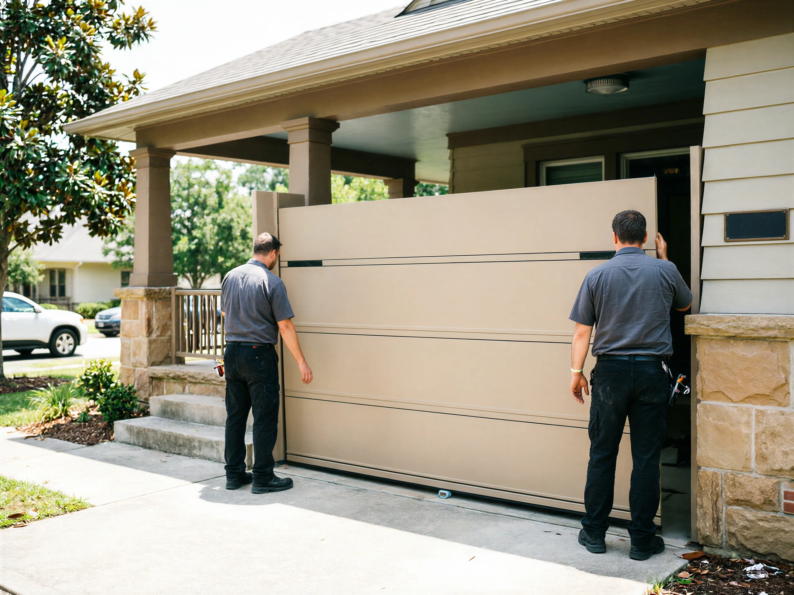 Two technicians install a tan garage door on a house.