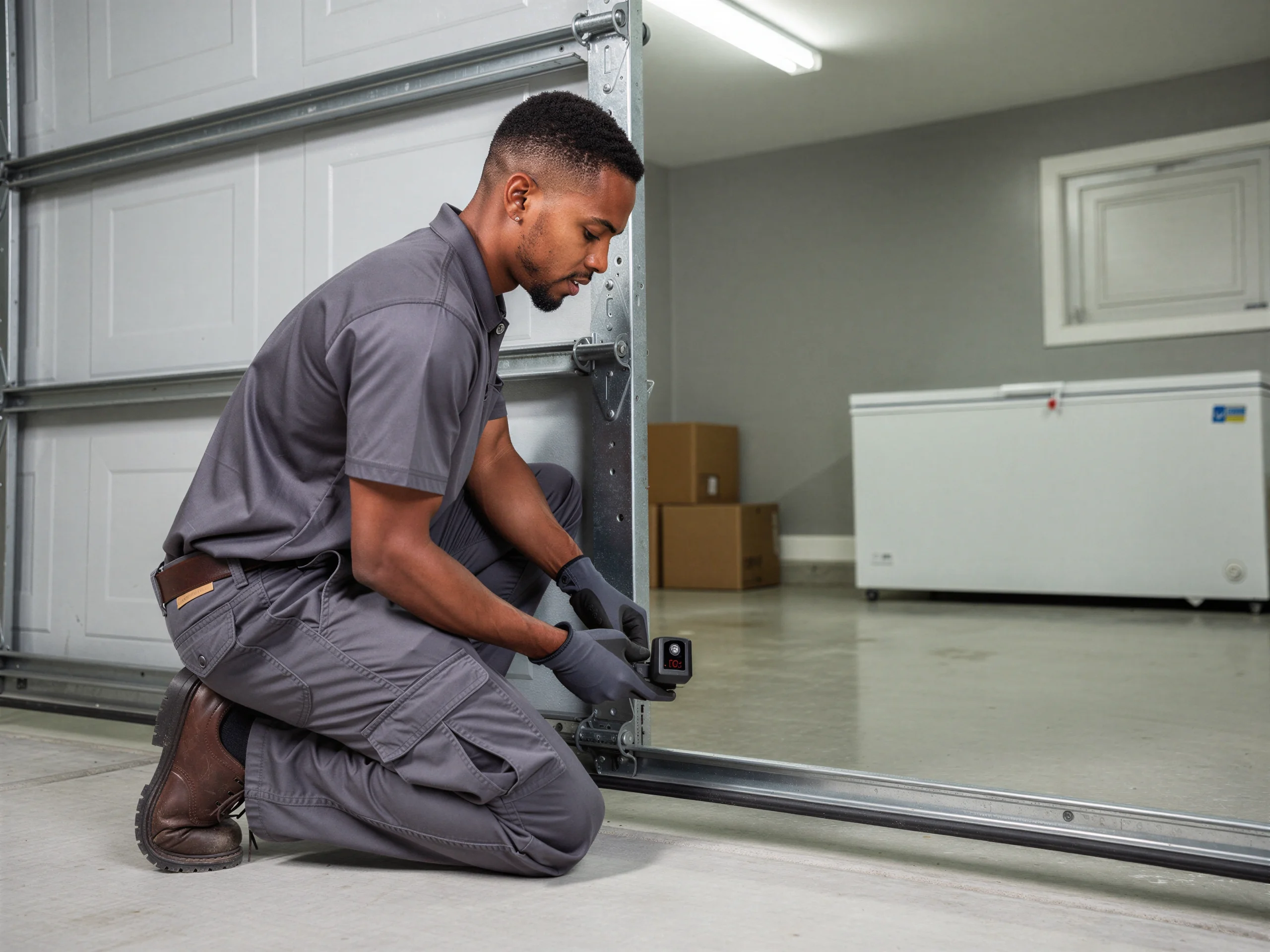 A technician kneels, adjusting a garage door sensor near the bottom of the door.